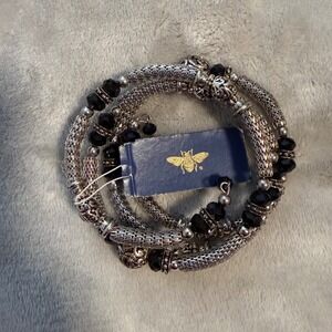 Silver Tone Black Bead‎ Coil Wrap Bracelet Boho Gothic NWT